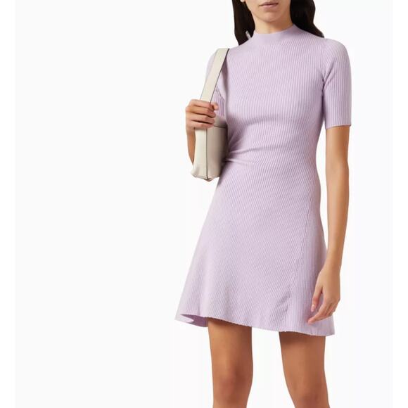 Maje Reine Dress Rib Knit Short Sleeve Mock Neck Fit and Flare Mini Light Purple - Picture 3 of 14